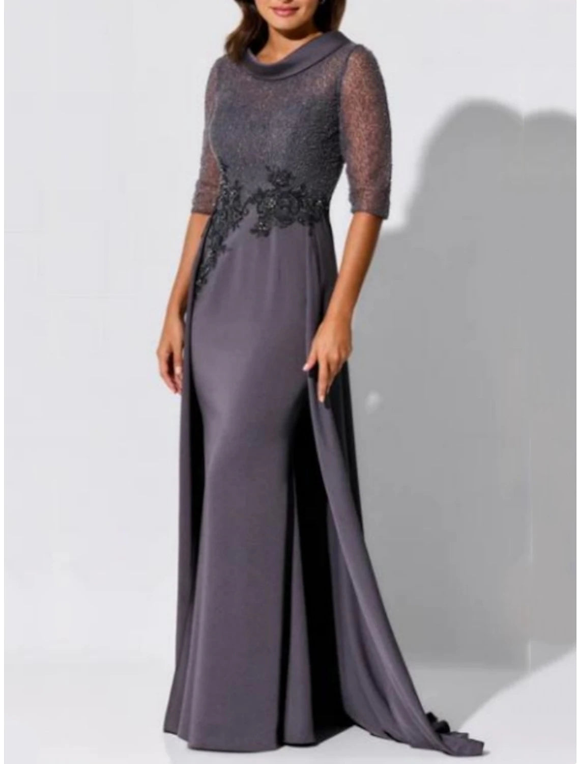 Wholesa Mermaid / Trumpet Mother of the Bride Dress Wedding Guest Elegant Scoop Neck Sweep / Brush Train Stretch Chiffon Sleeveless with Lace Ruching Solid Color