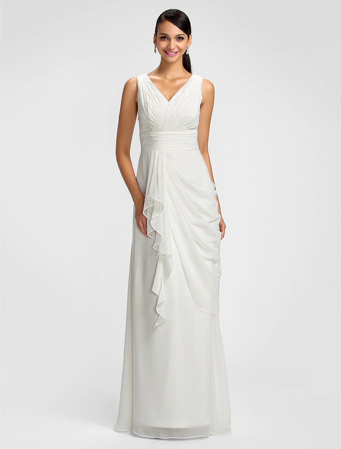 Wholesa Sheath / Column V Neck Floor Length Chiffon Bridesmaid Dress with Draping / Sash / Ribbon / Side Draping
