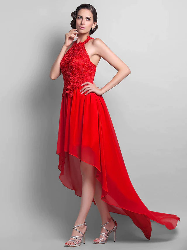 Wholesa Sheath / Column Elegant Dress Wedding Guest Asymmetrical Sleeveless Halter Chiffon Backless with Appliques