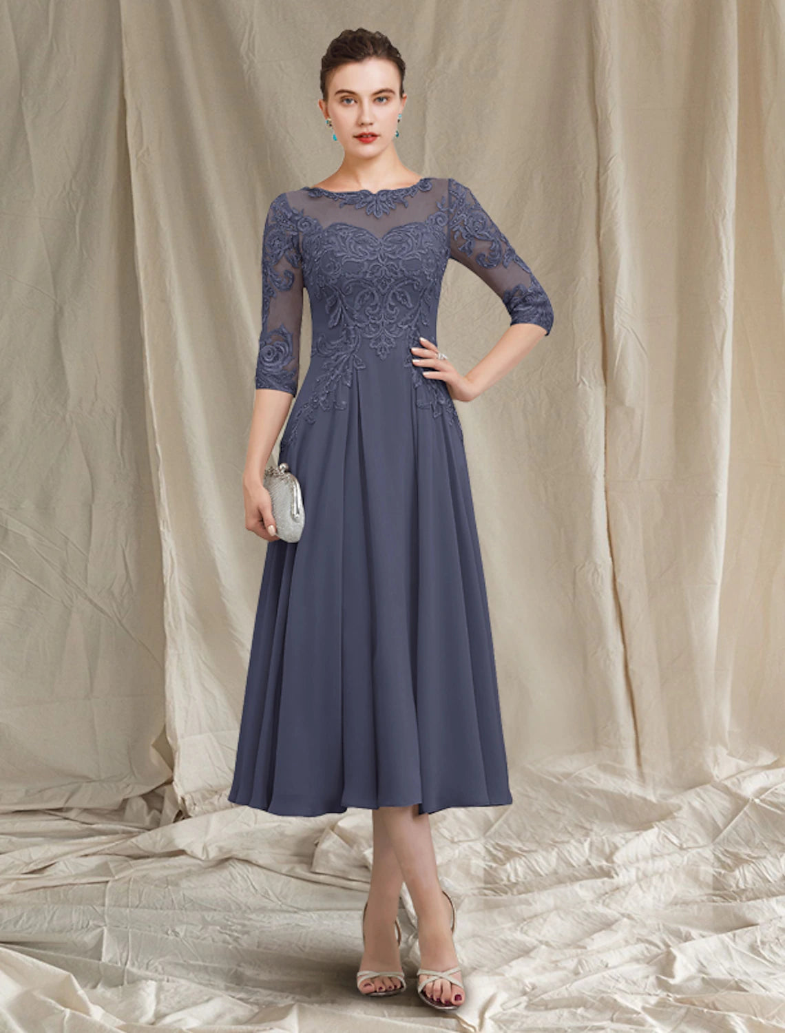wholesale  A-Line Mother of the Bride Dress Elegant Jewel Neck Tea Length Chiffon Lace Half Sleeve with Pleats Appliques