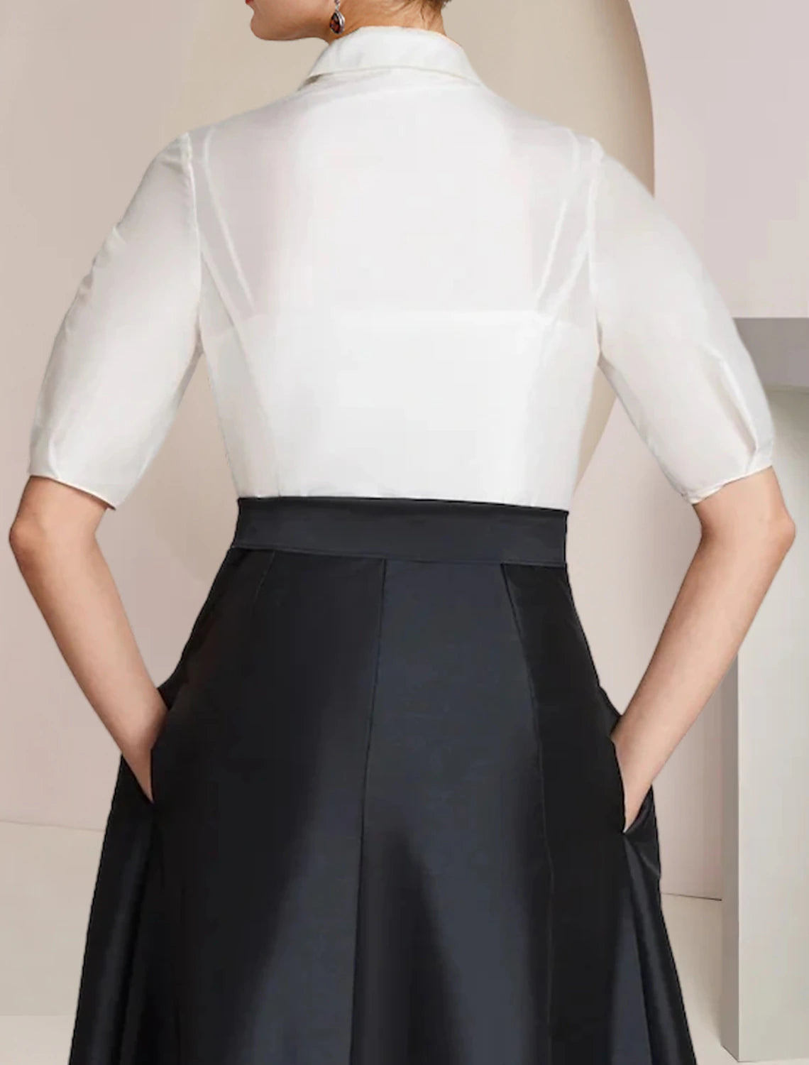wholesale  A-Line Mother of the Bride Dress Formal Wedding Guest Party Elegant Shirt Collar Floor Length Taffeta Short Sleeve with Bow(s) Color Block