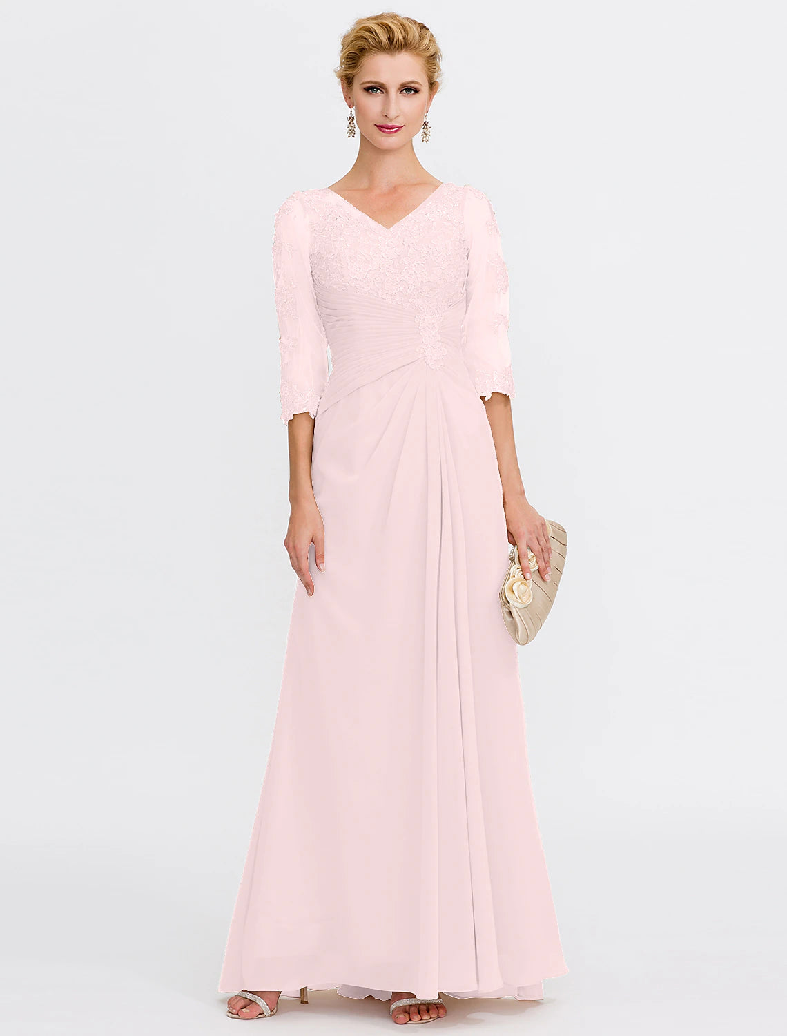 wholesale  A-Line Mother of the Bride Dress Fall Wedding Guest Dresses Plus Size Elegant See Through V Neck Floor Length Chiffon Half Sleeve with Appliques Side Draping