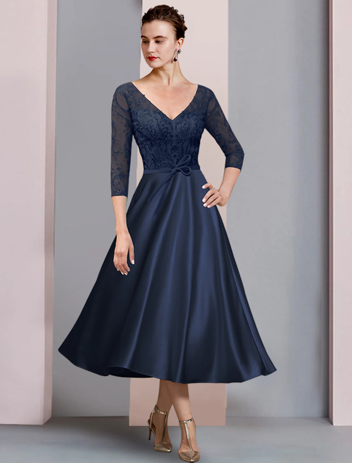 wholesale   A-Line Mother of the Bride Dress Formal Wedding Guest Elegant V Neck Tea Length Satin Lace 3/4 Length Sleeve with Bow(s) Appliques