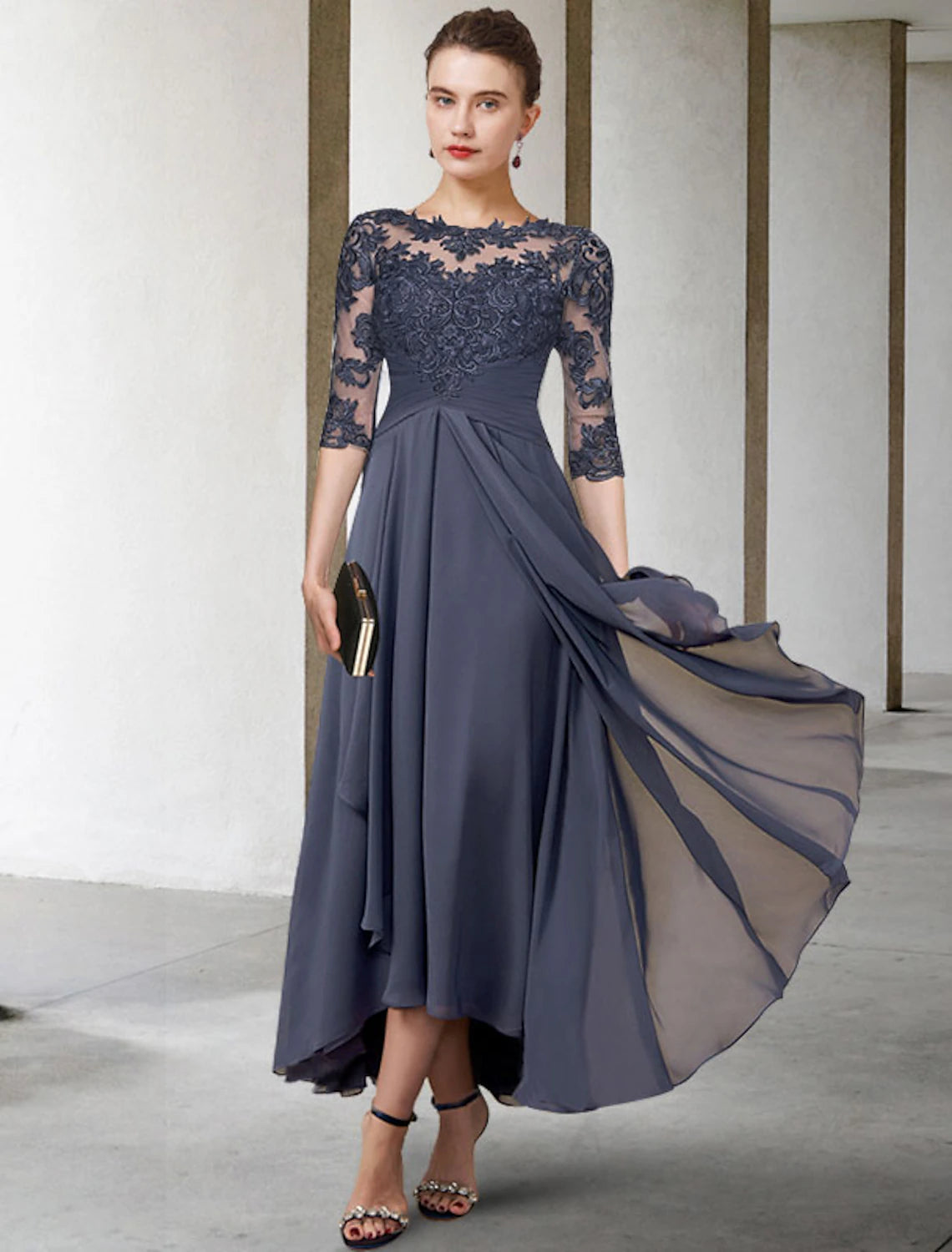 wholesale  A-Line Mother of the Bride Dress Fall Wedding Guest Plus Size Elegant High Low Jewel Neck Asymmetrical Tea Length Chiffon Lace Half Sleeve with Ruched Appliques