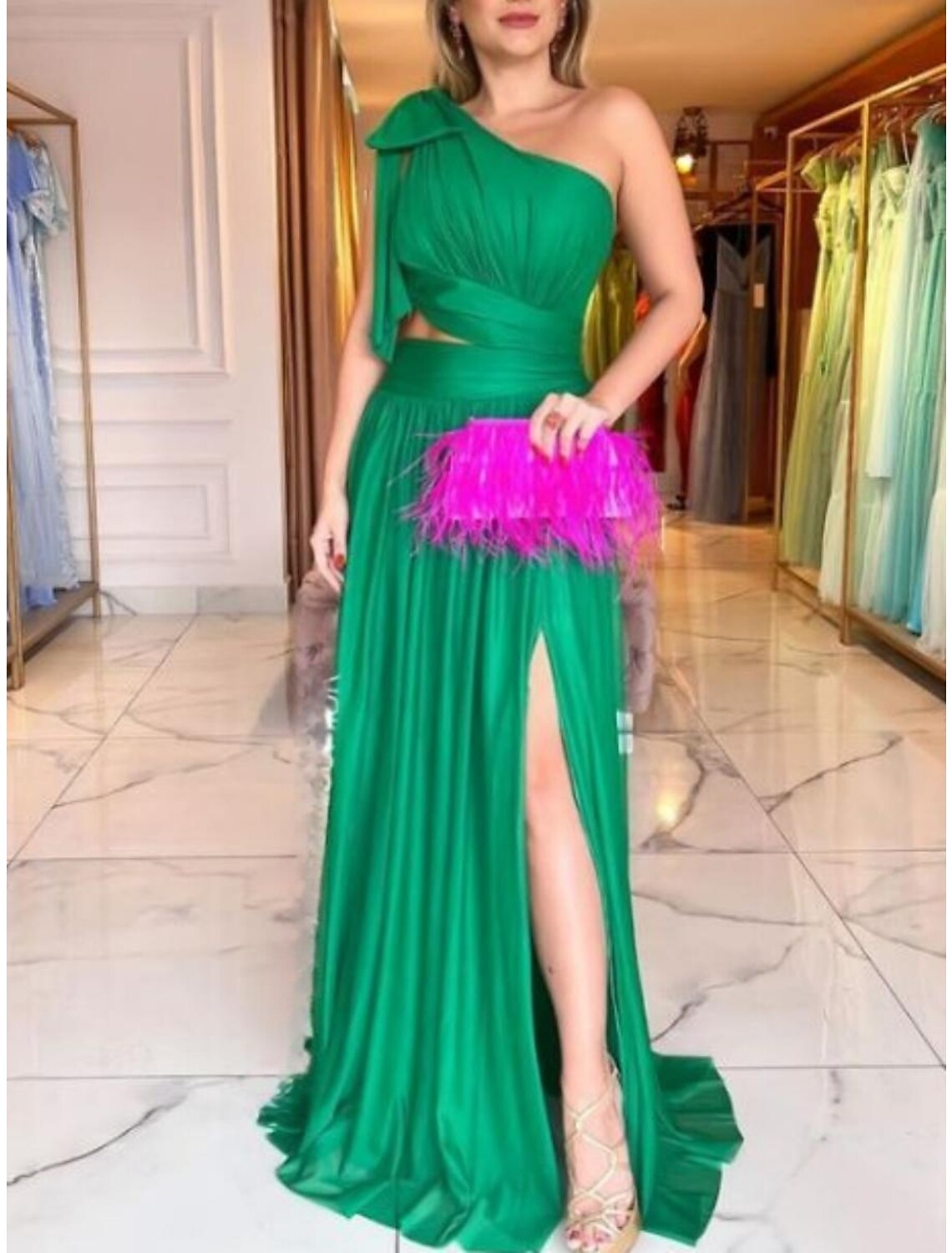 Wholesa Sheath Red Green Dresses Elegant Dress Birthday Floor Length Sleeveless One Shoulder Chiffon with Glitter Bow(s) Pleats