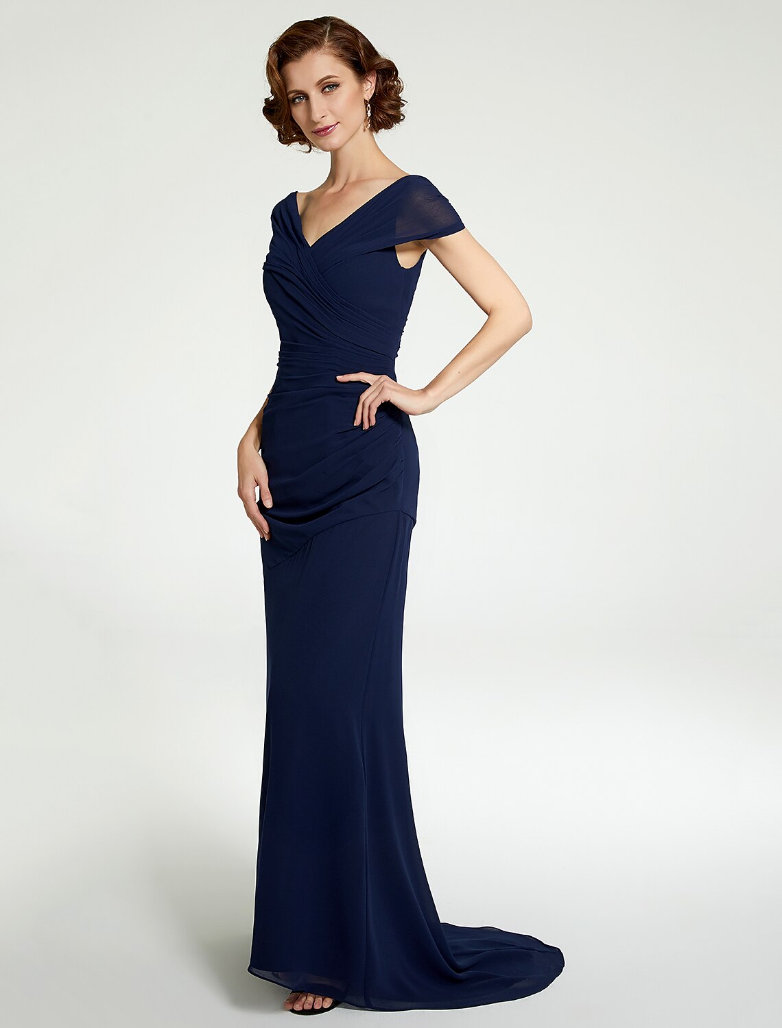 wholesale  A-Line Mother of the Bride Dress V Neck Floor Length Chiffon Sleeveless with Lace Ruching