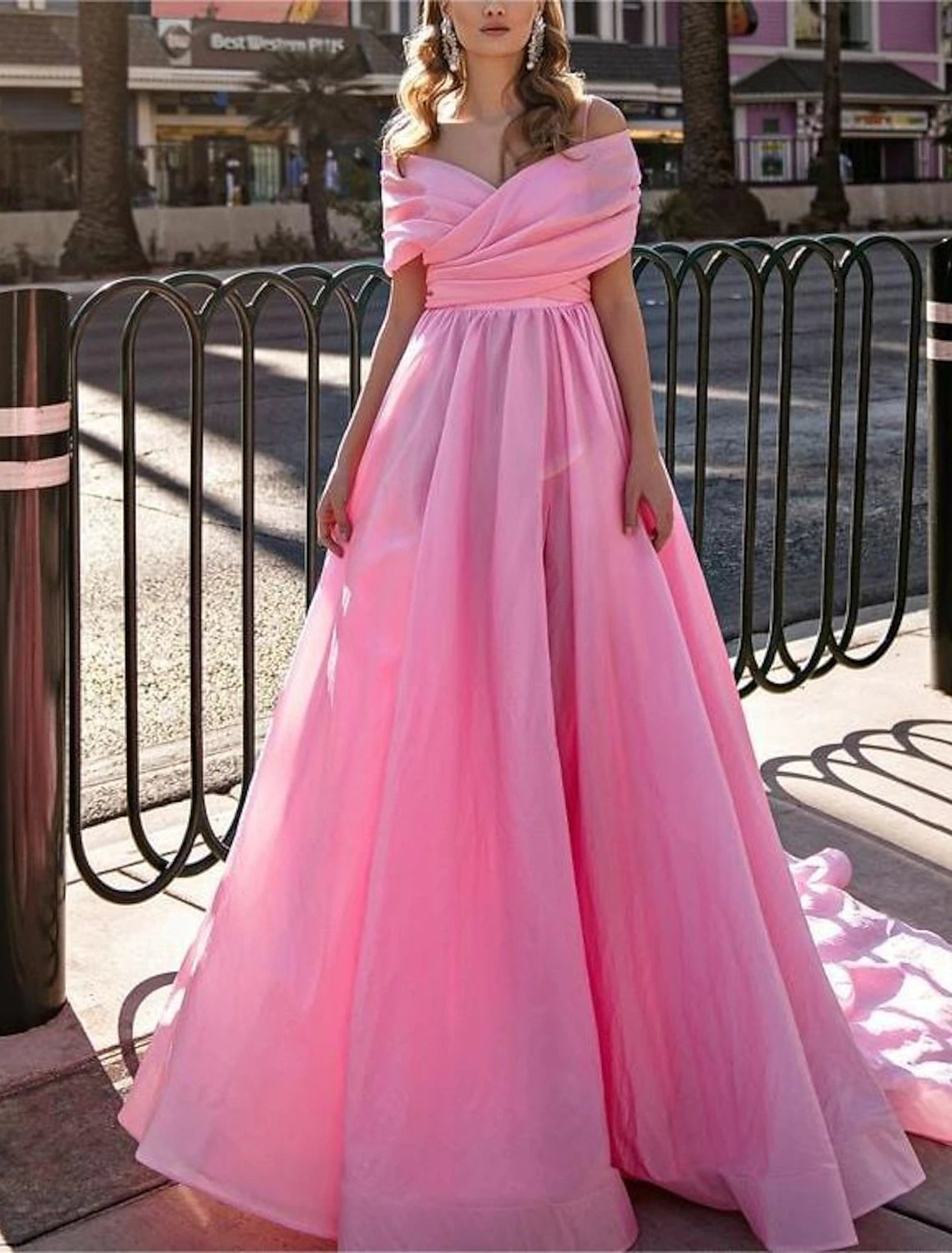 Wholesa  Ball Gown Prom Dresses High Split Dress Wedding Prom Court Train Short Sleeve Off Shoulder Stretch Chiffon with Slit
