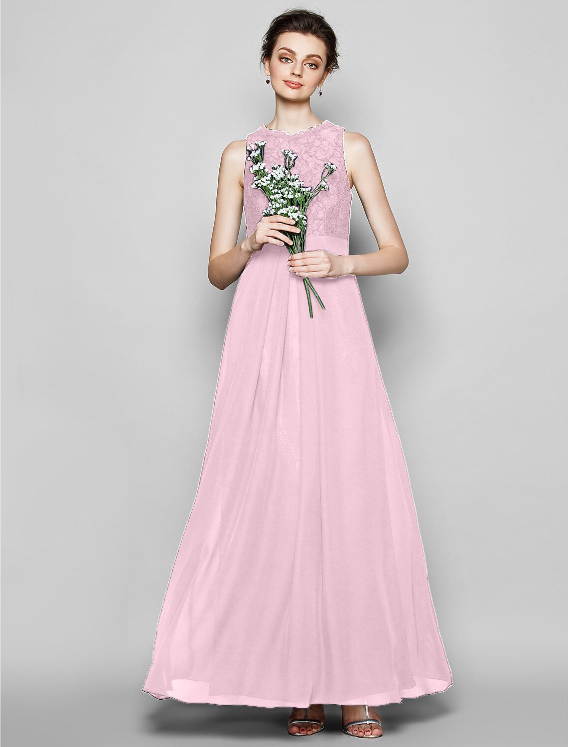 wholesale  Sheath / Column Bridesmaid Dress Jewel Neck Sleeveless Elegant Floor Length Chiffon / Lace with Lace
