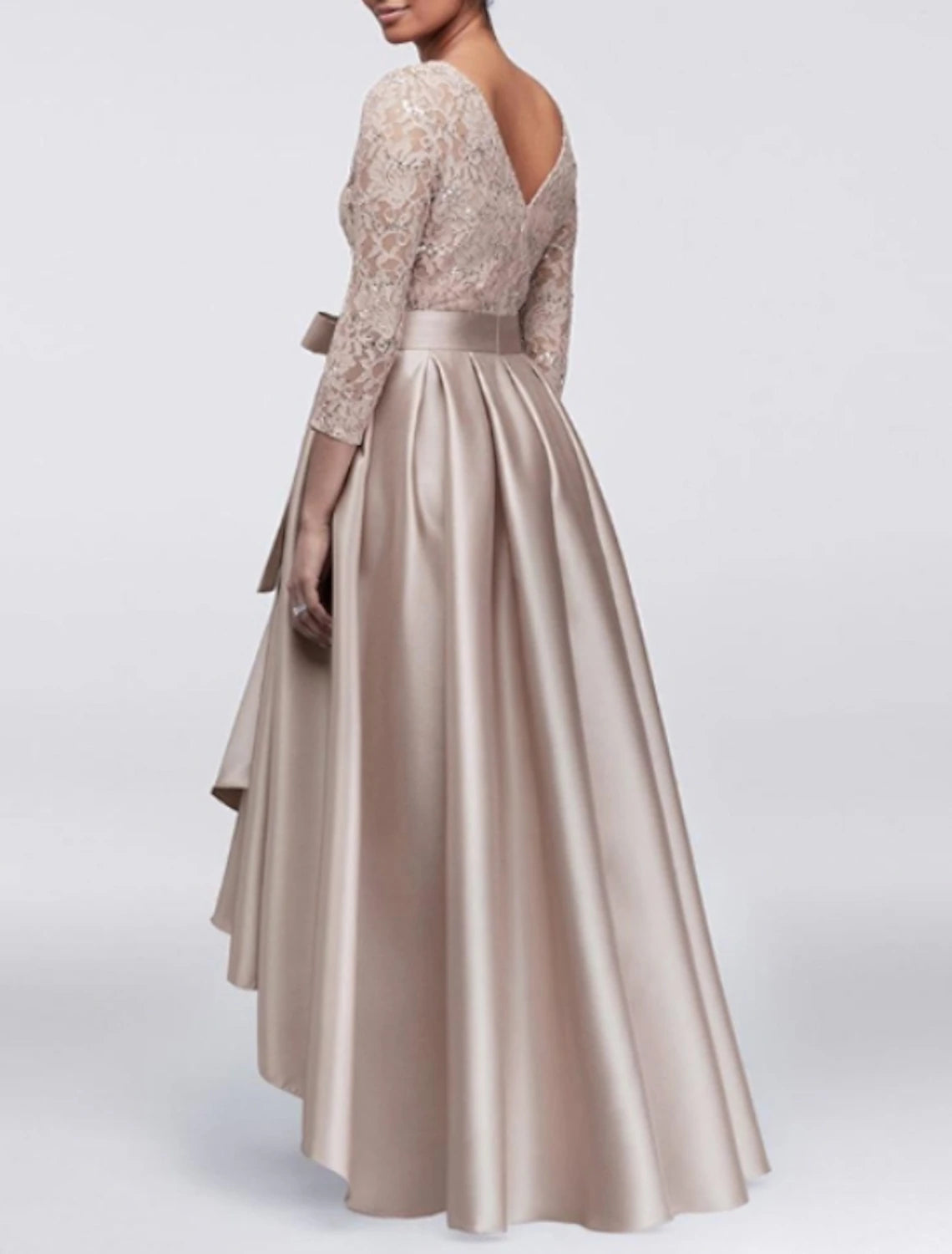 Wholesa A-Line Mother of the Bride Dress Wedding Guest Elegant Plus Size High Low Jewel Neck Asymmetrical Satin Lace 3/4 Length Sleeve with Sash / Ribbon Appliques