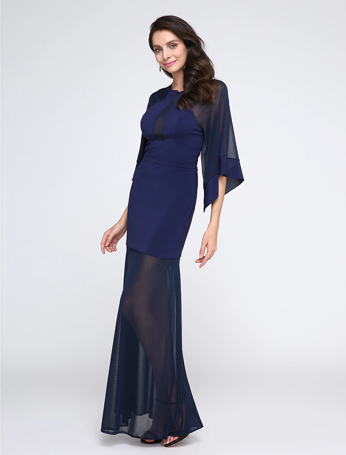 Wholesa Sheath / Column See Through Dress Prom Formal Evening Floor Length Half Sleeve Jewel Neck Chiffon with Pleats