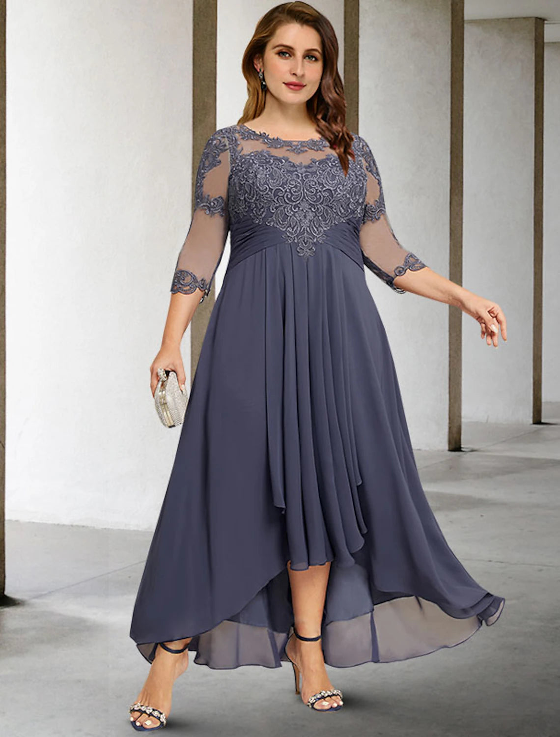 wholesale  A-Line Mother of the Bride Dresses Plus Size Hide Belly Curve Elegant Fall Wedding Guest Dress Formal Asymmetrical 3/4 Length Sleeve Jewel Neck Chiffon with Pleats Ruched Appliques