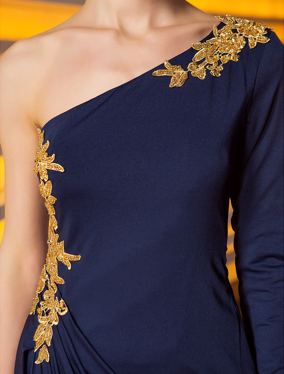 Wholesa Sheath / Column Celebrity Style Party Wear Formal Evening Dress One Shoulder Long Sleeve Ankle Length Jersey with Beading Draping Appliques