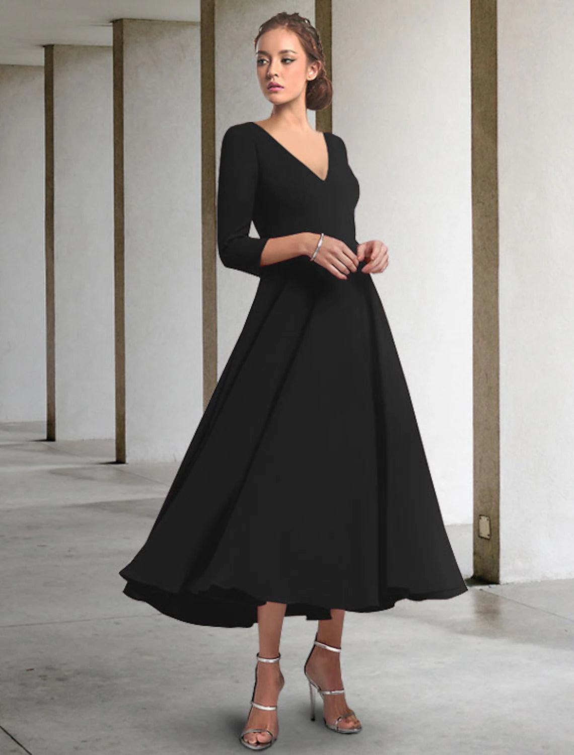 wholesale  A-Line Mother of the Bride Dress Elegant V Neck Tea Length Chiffon 3/4 Length Sleeve with Pleats