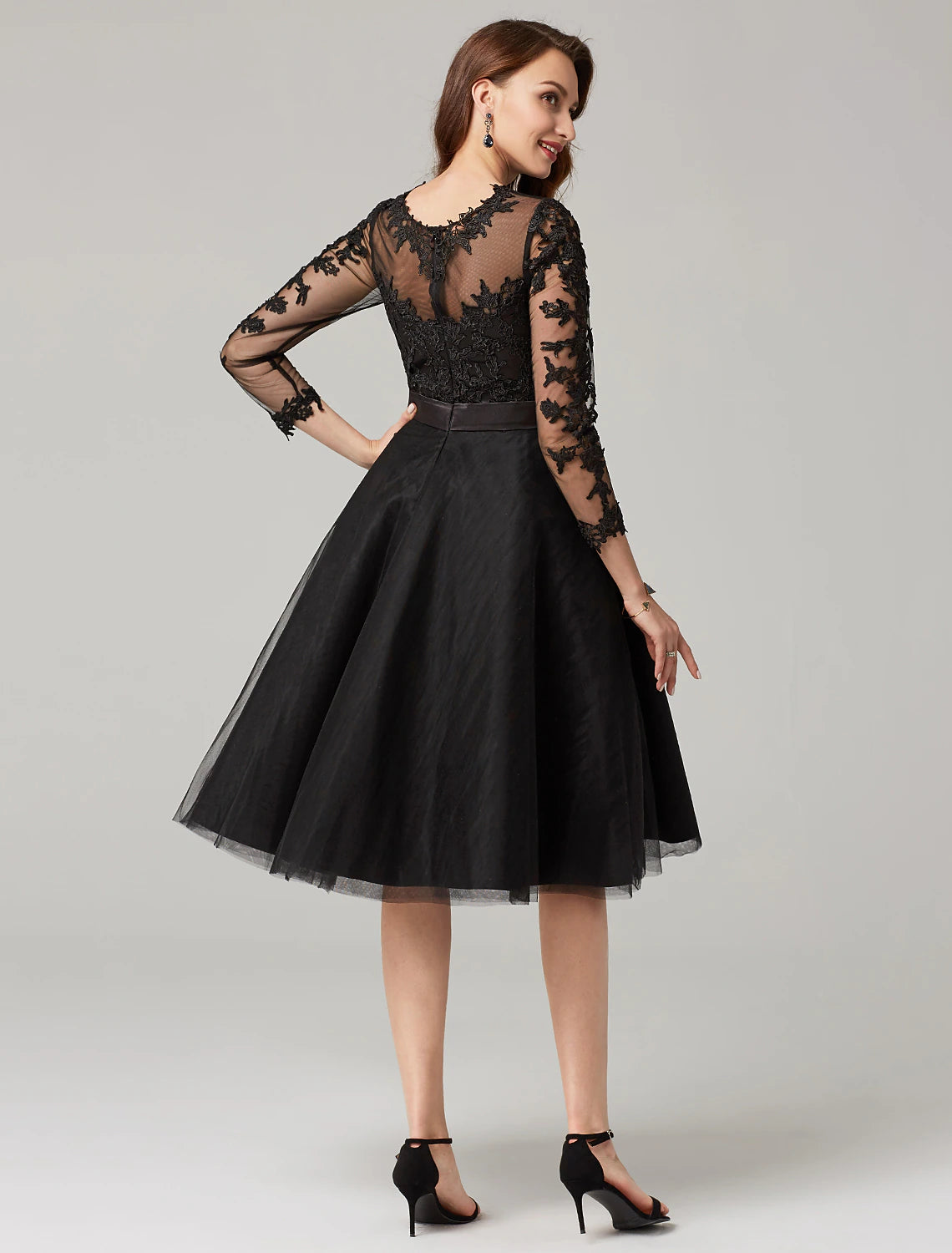 wholesale  A-Line Elegant Dress Wedding Guest Prom Knee Length 3/4 Length Sleeve Illusion Neck Tulle Over Lace with Appliques