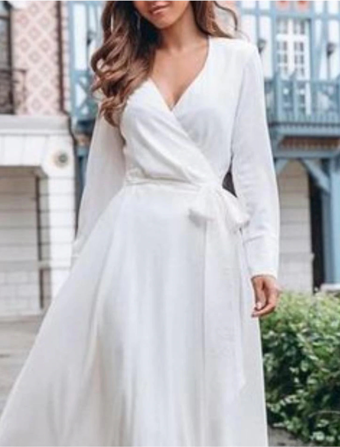 Wholesa Bridal Shower Little White Dresses Wedding Dresses A-Line V Neck Long Sleeve Tea Length Chiffon Bridal Gowns With Bow(s)