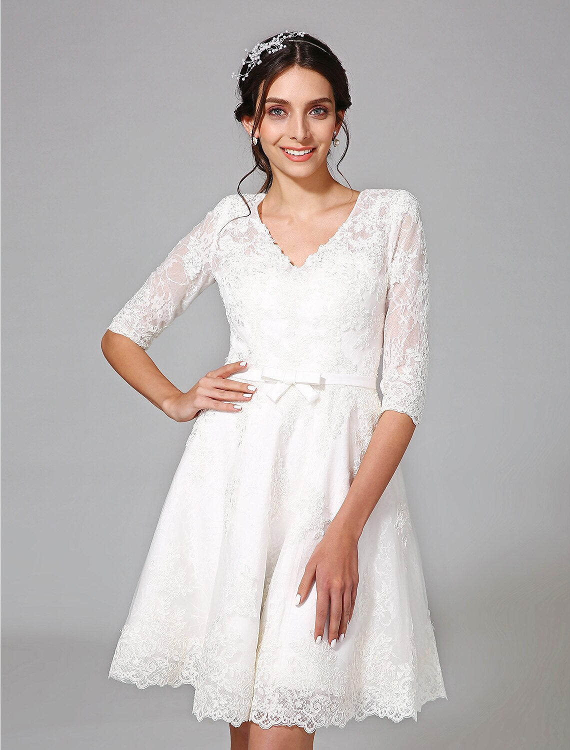 wholesale  Reception Little White Dresses Wedding Dresses A-Line V Neck Half Sleeve Knee Length Lace Bridal Gowns With Bowknot Sash / Ribbon