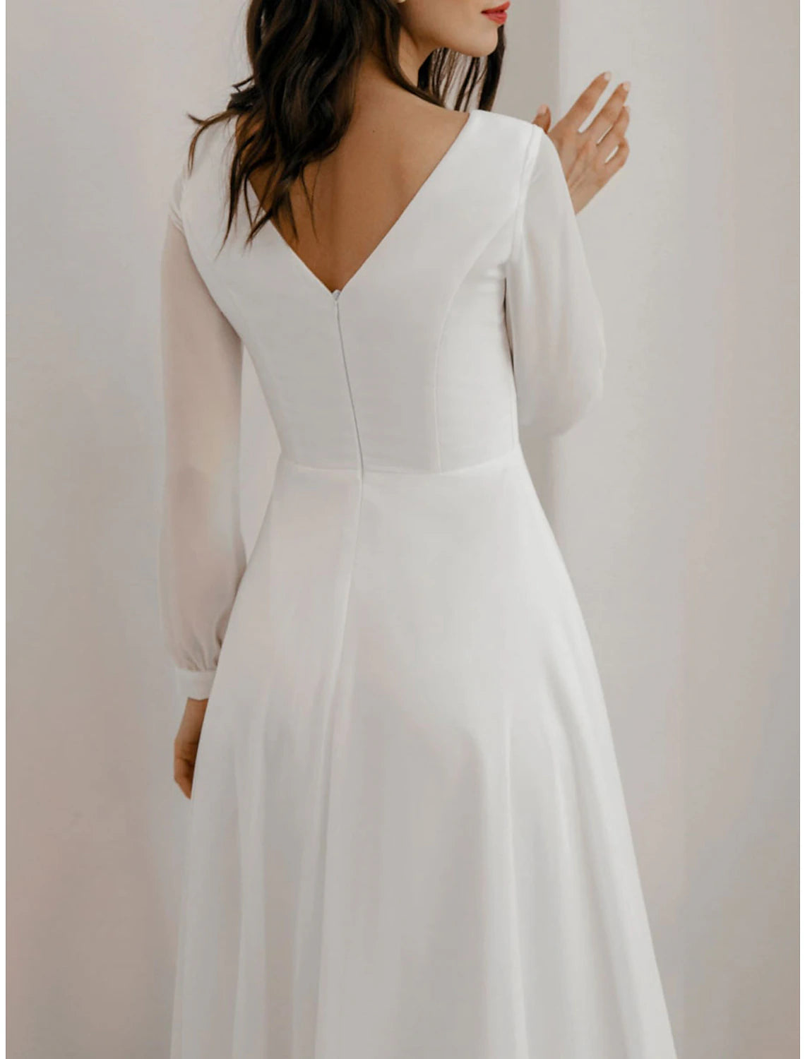 Wholesa A-Line Cocktail Dresses Little White Dresses Dress Wedding Reception Tea Length Long Sleeve Jewel Neck Fall Wedding Guest Cotton V Back with Ruffles Pure Color