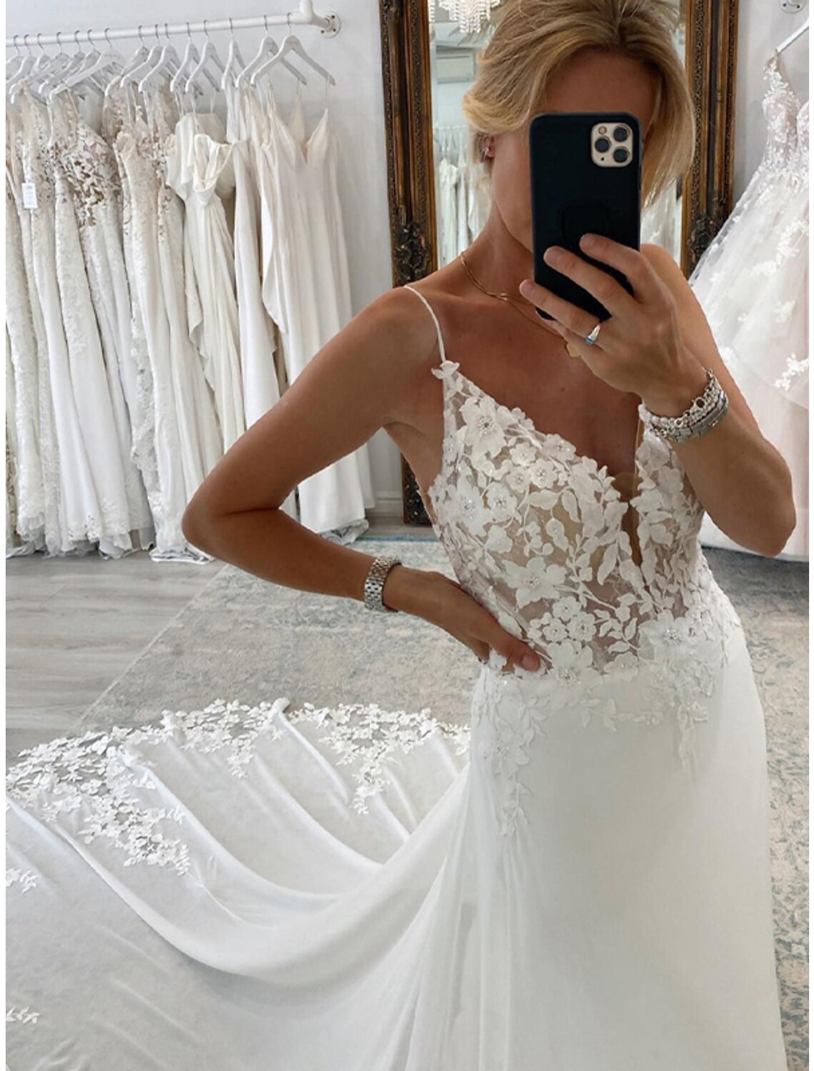 wholesale  Reception Formal Wedding Dresses A-Line Camisole Sleeveless Court Train Chiffon Bridal Suits Bridal Gowns With Appliques