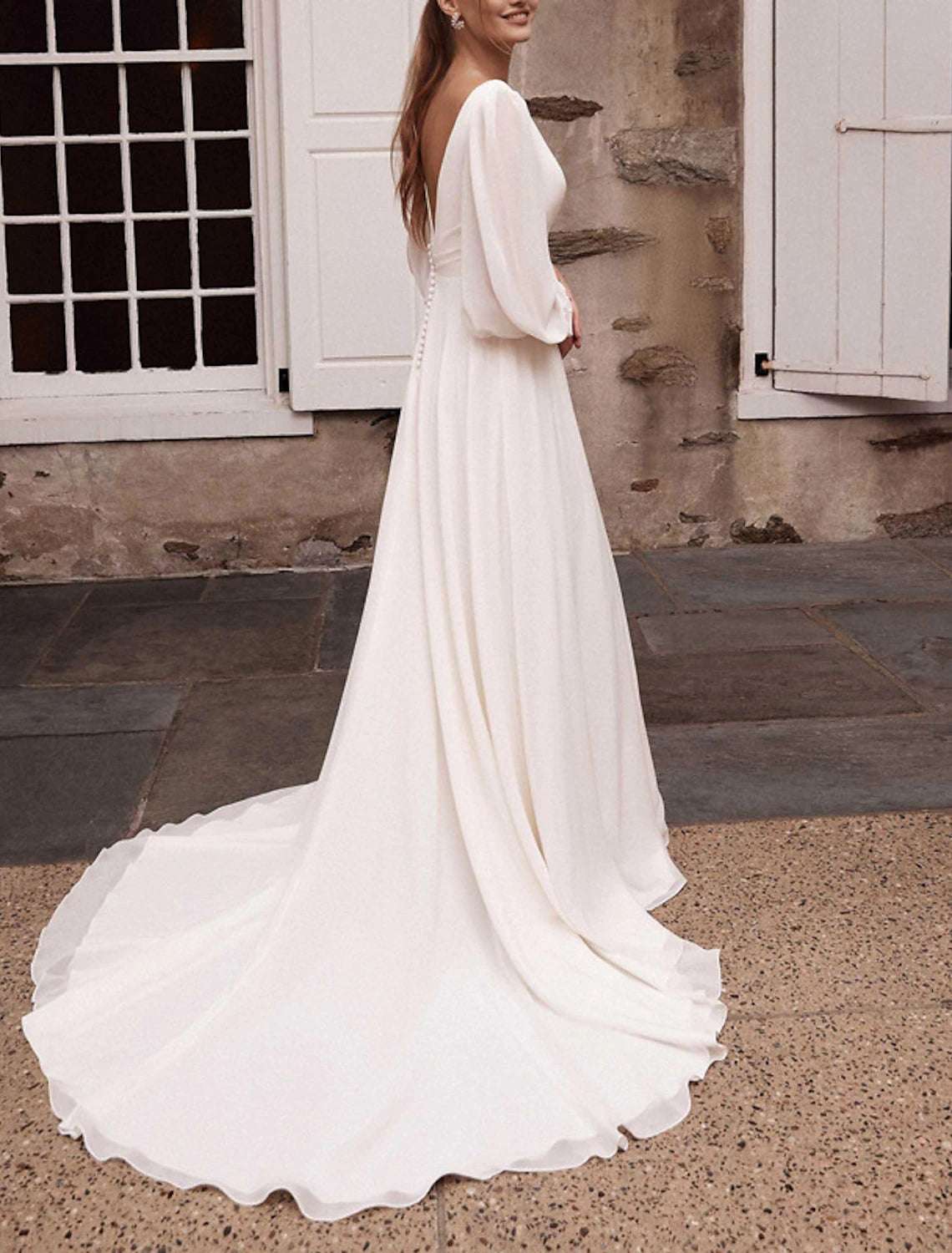 Wholesa Hall Casual Wedding Dresses A-Line V Neck Long Sleeve Court Train Chiffon Bridal Gowns With Solid Color