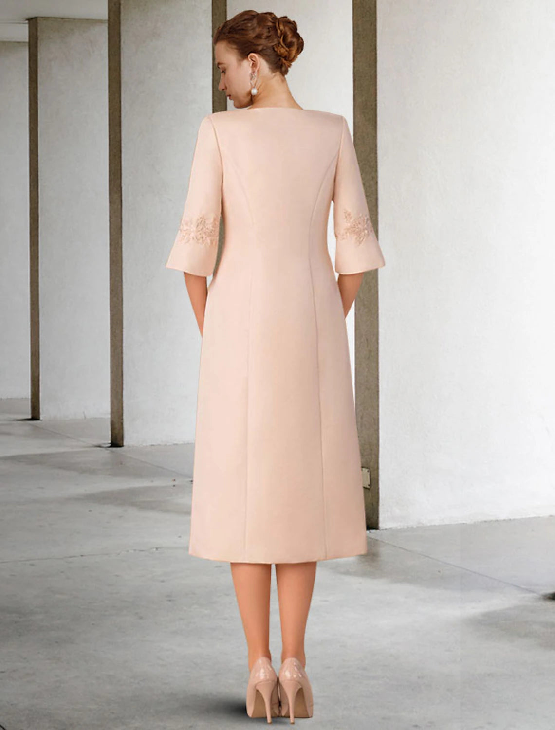 wholesale  Two Piece Sheath / Column Mother of the Bride Dress Church Elegant V Neck Knee Length Lace Stretch Chiffon Short Sleeve Jacket Dresses with Appliques Side-Draped