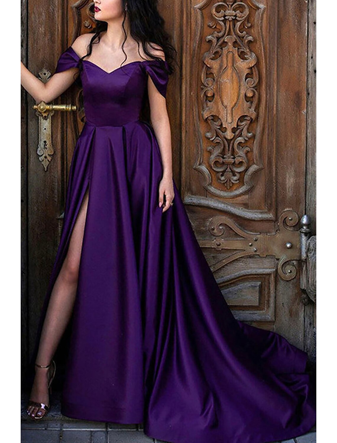 wholesale   A-Line Prom Dresses Princess Dress Formal Prom Sweep / Brush Train Sleeveless Off Shoulder Satin with Pleats Slit