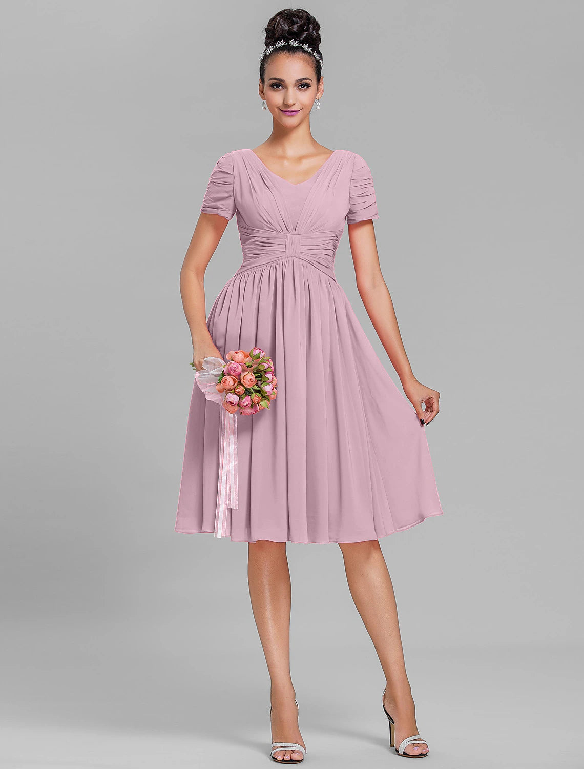 Wholesa  Sheath / Column Bridesmaid Dress V Neck Short Sleeve Vintage Inspired Knee Length Chiffon with Ruched / Drapin