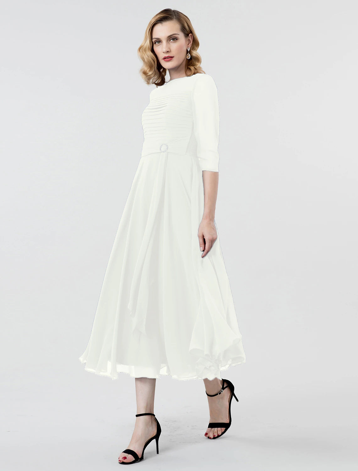 Wholesa A-Line Elegant Formal Evening Wedding Party Dress Boat Neck 3/4 Length Sleeve Tea Length Georgette with Ruched Crystal Brooch / Illusion Sleeve