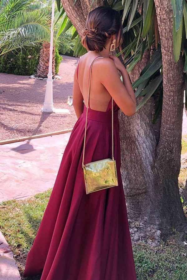 Wholesa A-line Gorgeous V Neck Burgundy Satin Long Prom Dresses Formal Dress