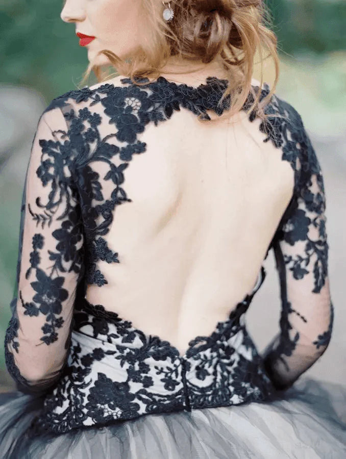 Wholesa A-line V neck Gorgeous Long Sleeve Black Lace Wedding Dress Bridal Gown