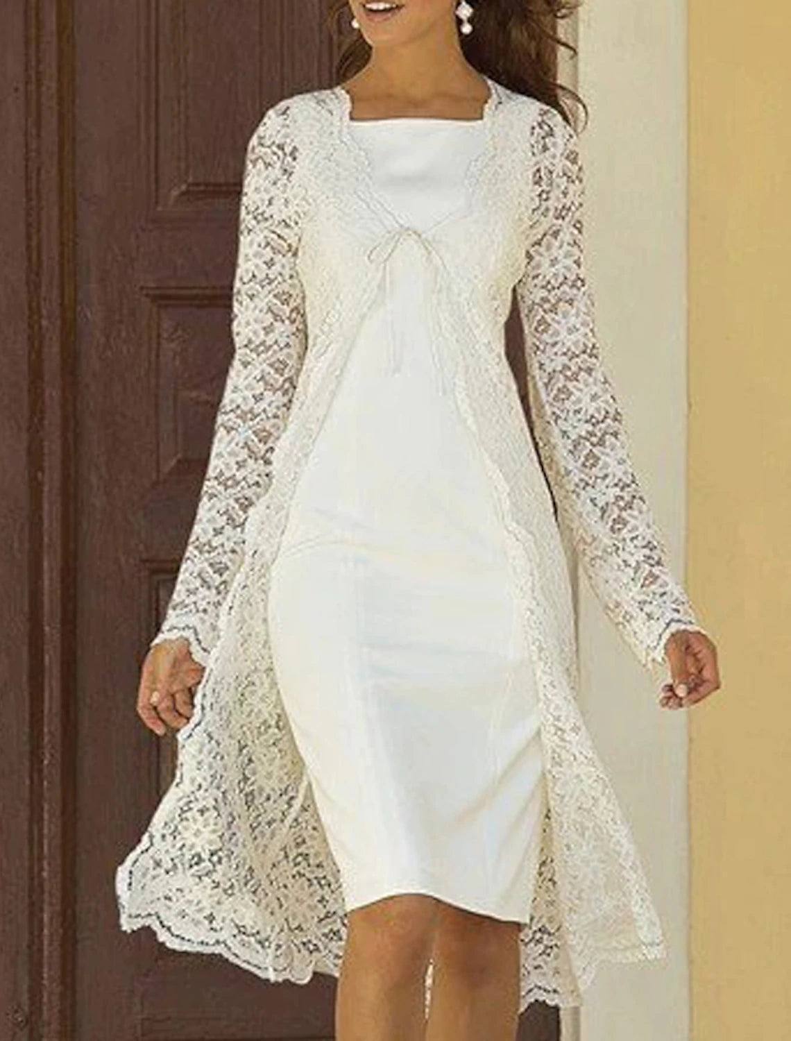 Wholesa Two Piece Sheath / Column Mother of the Bride Dress Wedding Guest Church Elegant Square Neck Knee Length Chiffon Lace Sleeveless Jacket Dresses with Solid Color