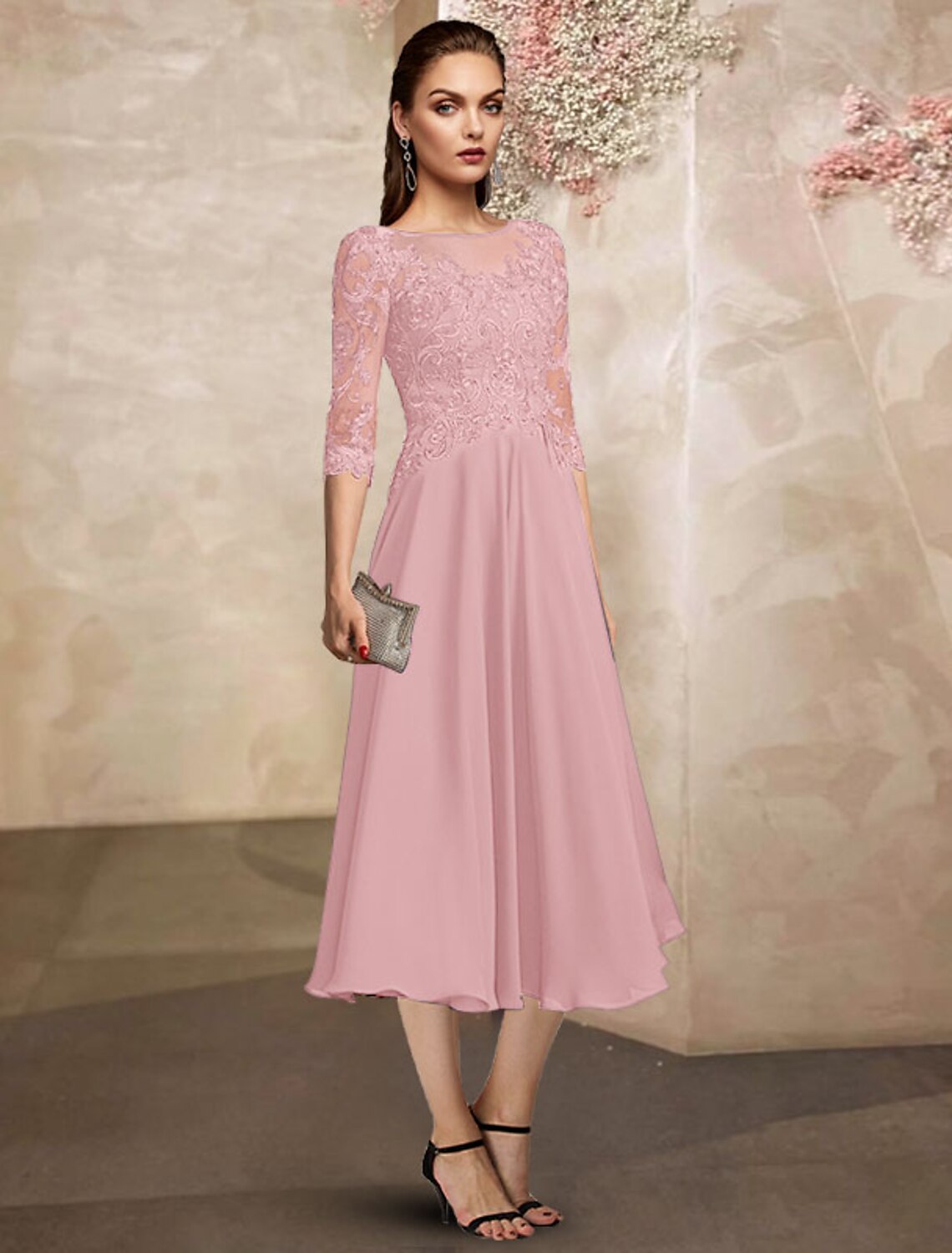 wholesale  A-Line Mother of the Bride Dress Plus Size Elegant Jewel Neck Tea Length Chiffon Lace Half Sleeve with Appliques