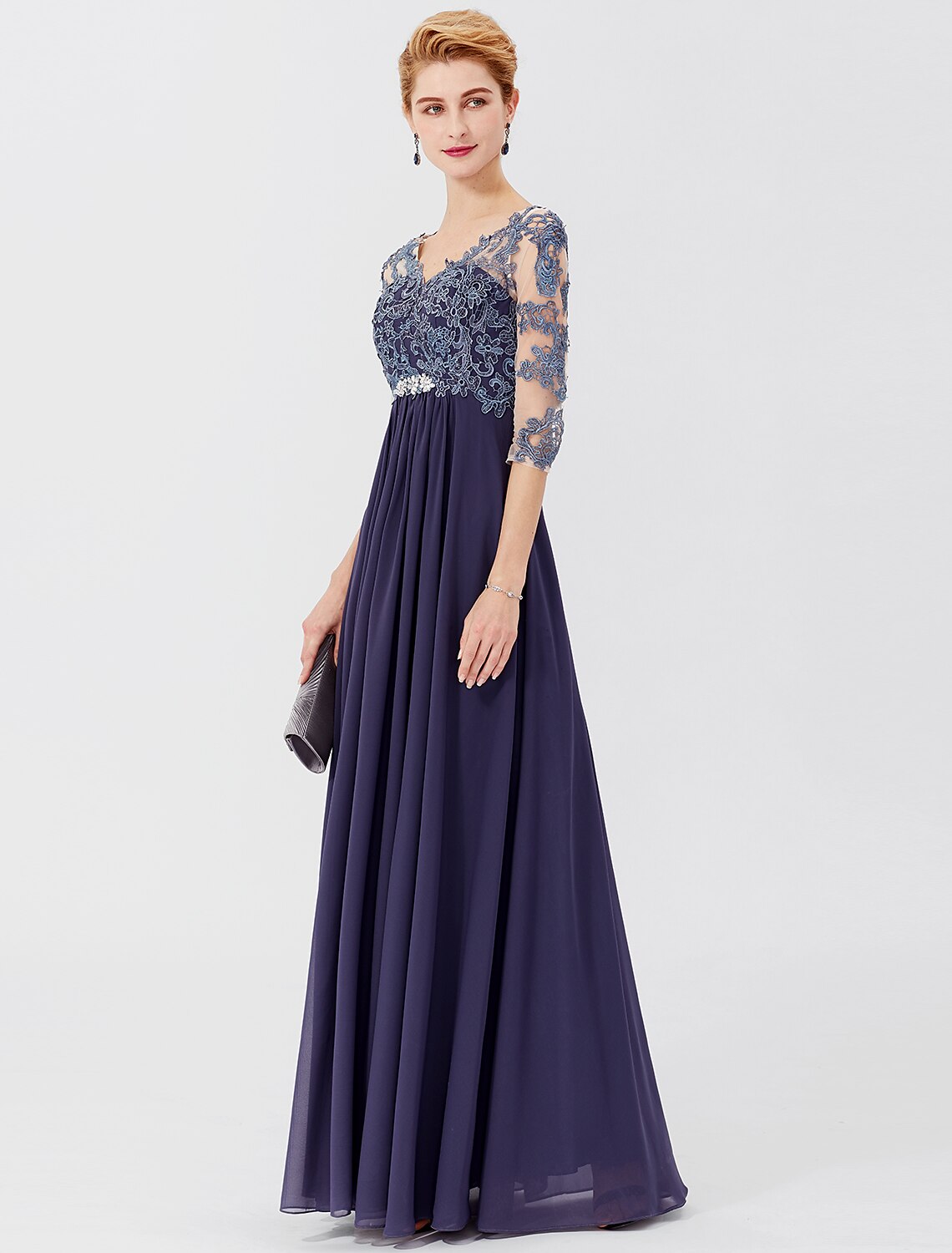 wholesale  Ball Gown A-Line Mother of the Bride Dress Formal Plus Size Elegant V Neck Floor Length Chiffon Sheer Lace 3/4 Length Sleeve with Crystals Appliques