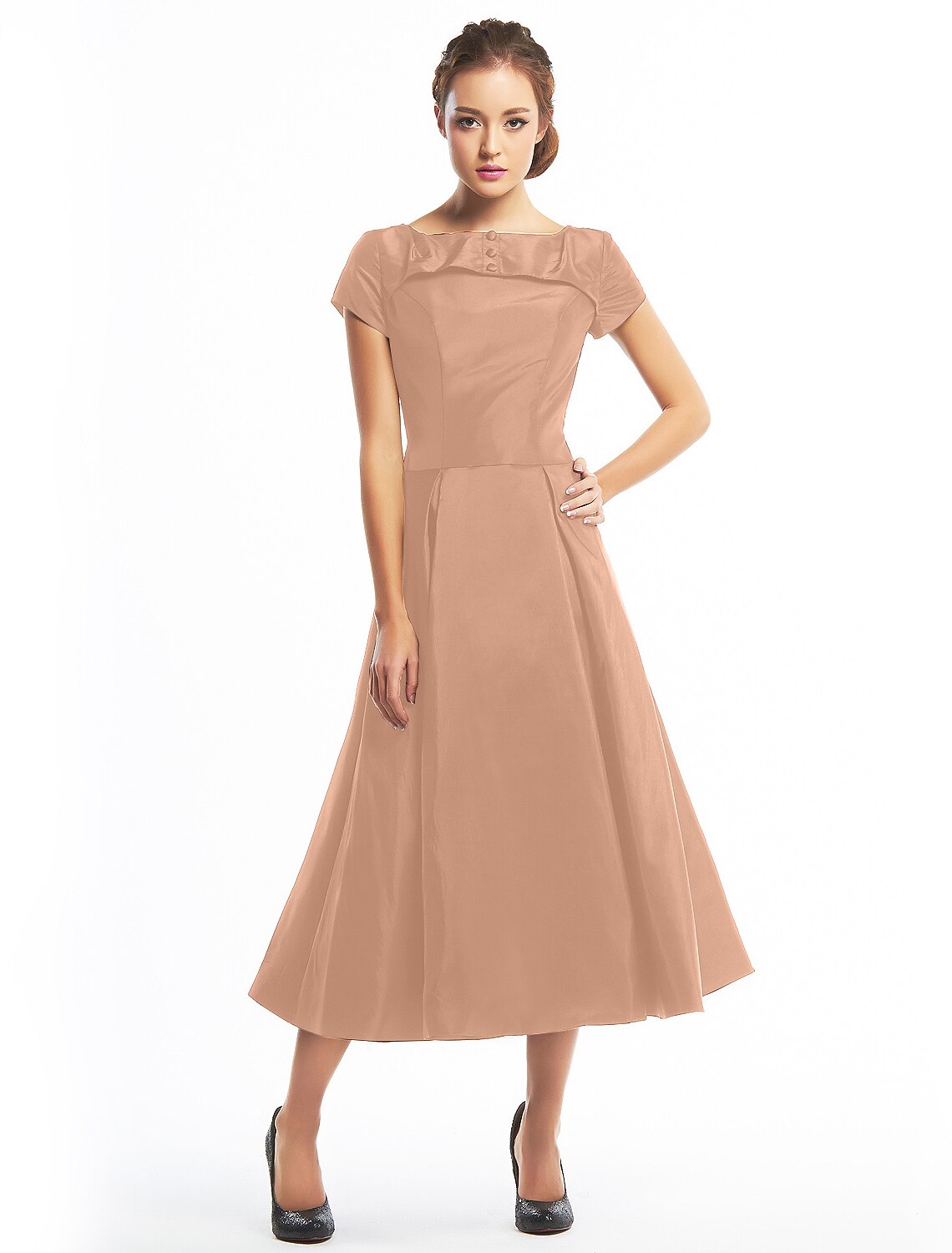 Wholesa  A-Line Black Dress Vintage Homecoming Wedding Guest Tea Length Short Sleeve Boat Neck Taffeta with Buttons