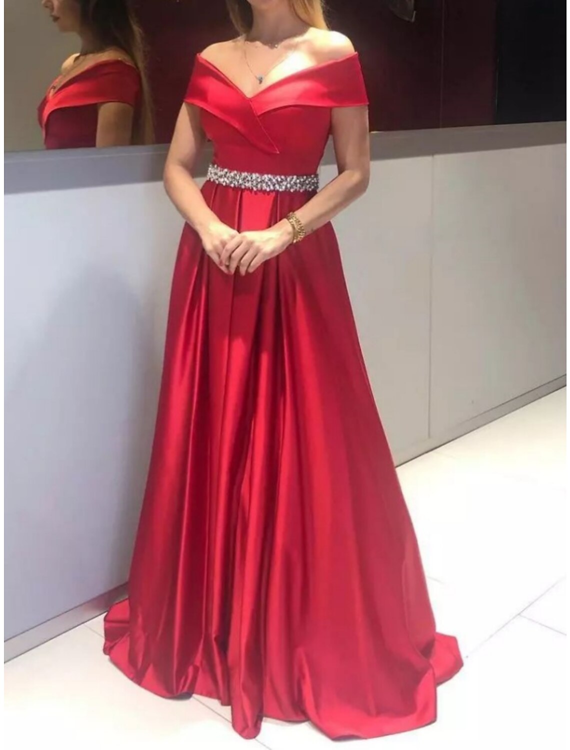 Wholesa  A-Line Evening Gown Elegant Dress Formal Sweep / Brush Train Christmas Red Green Dress Sleeveless Off Shoulder Satin with Pleats Crystals