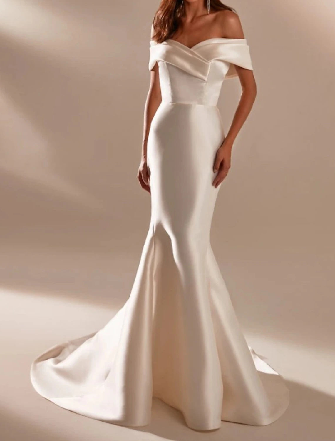 Wholesa Engagement Formal Wedding Dresses Mermaid / Trumpet Off Shoulder Cap Sleeve Court Train Satin Bridal Gowns With Bow(s)