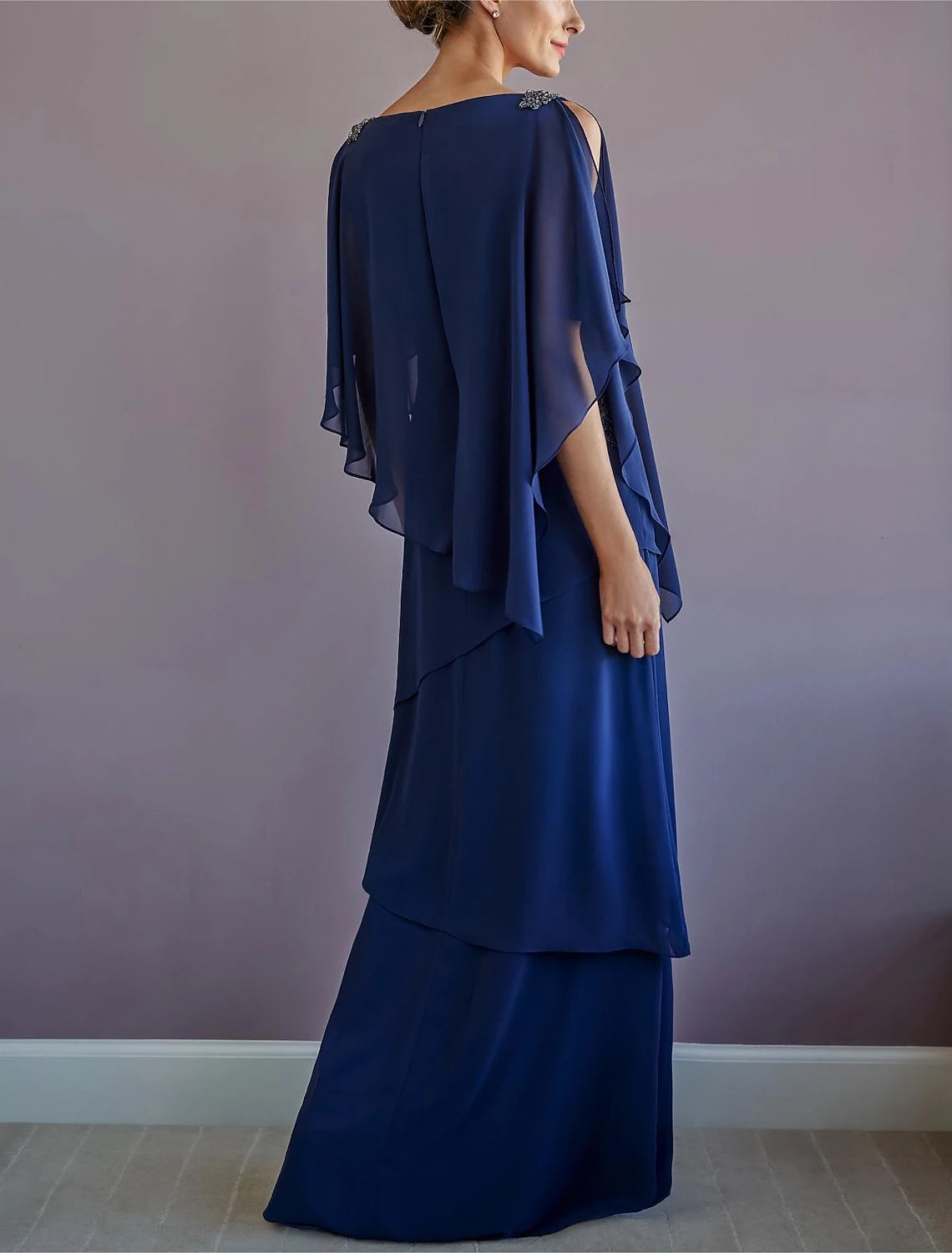 Wholesa A-Line Mother of the Bride Dress Formal Wedding Guest Elegant Bateau Neck Floor Length Chiffon Half Sleeve with Ruffles Draping Tier