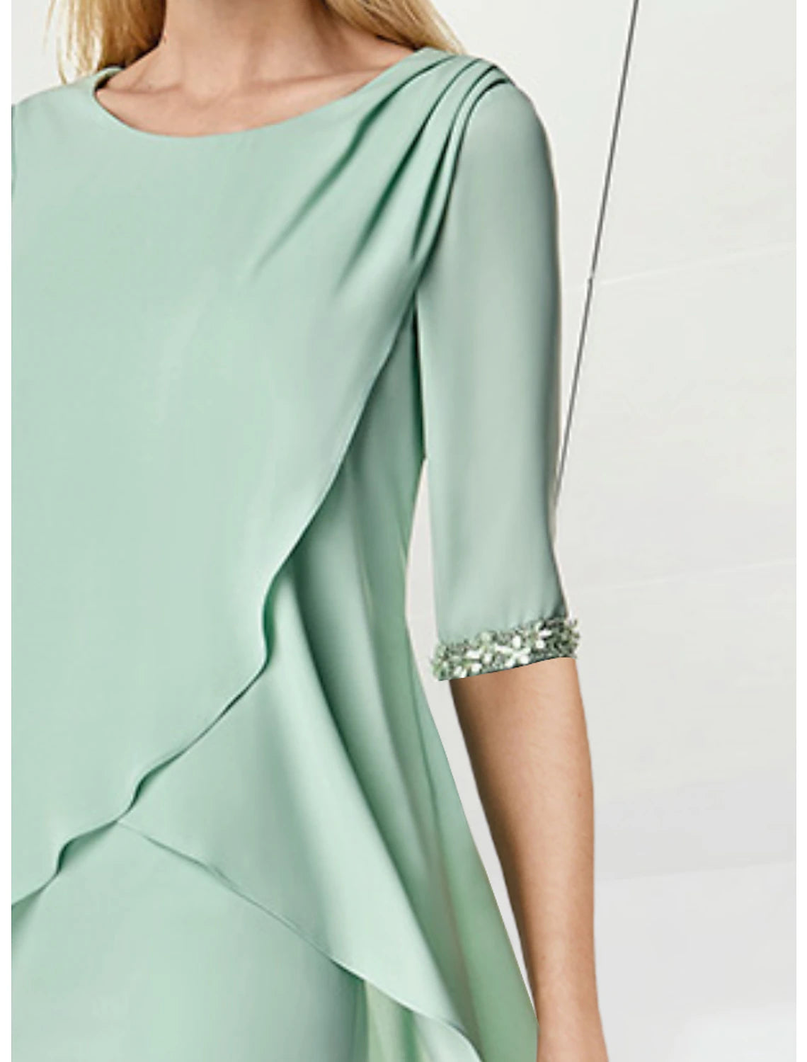 Wholesa Sheath / Column Mother of the Bride Dress Wedding Guest Elegant Jewel Neck Knee Length Chiffon Half Sleeve with Beading Ruching