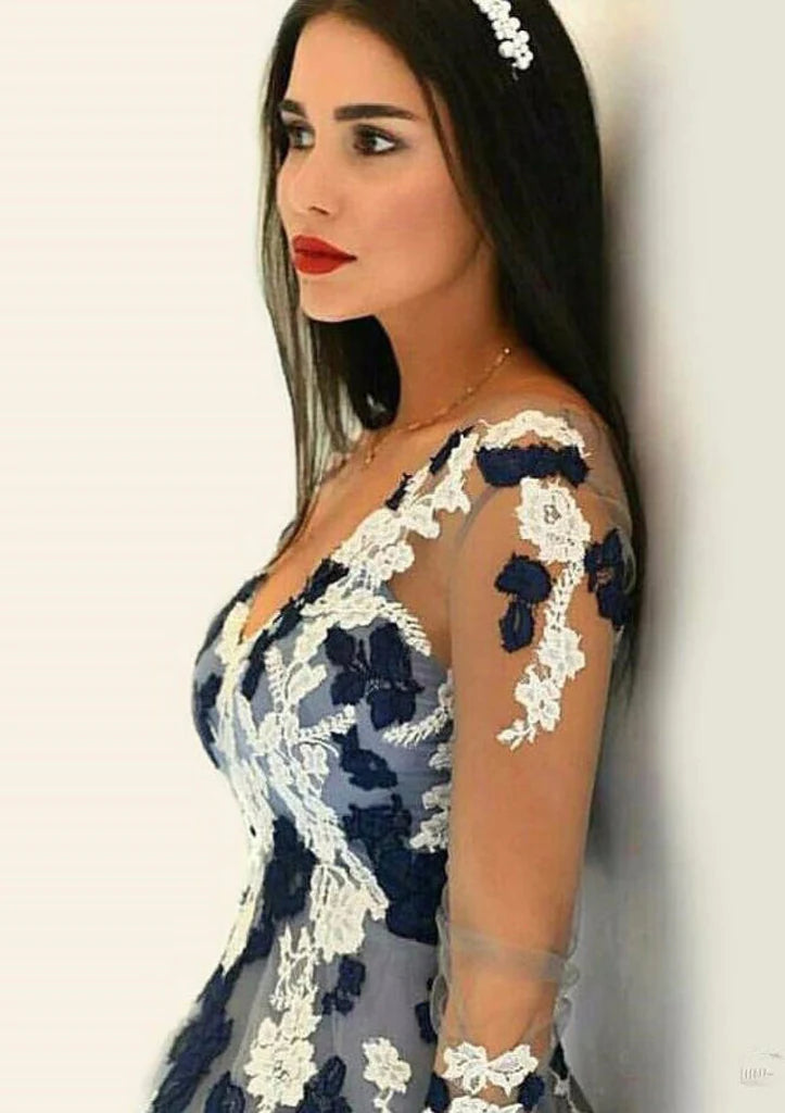 Wholesa Gray Tulle Floor Length Princess Sheer Long Sleeve V-Neck Prom Dress, Lace