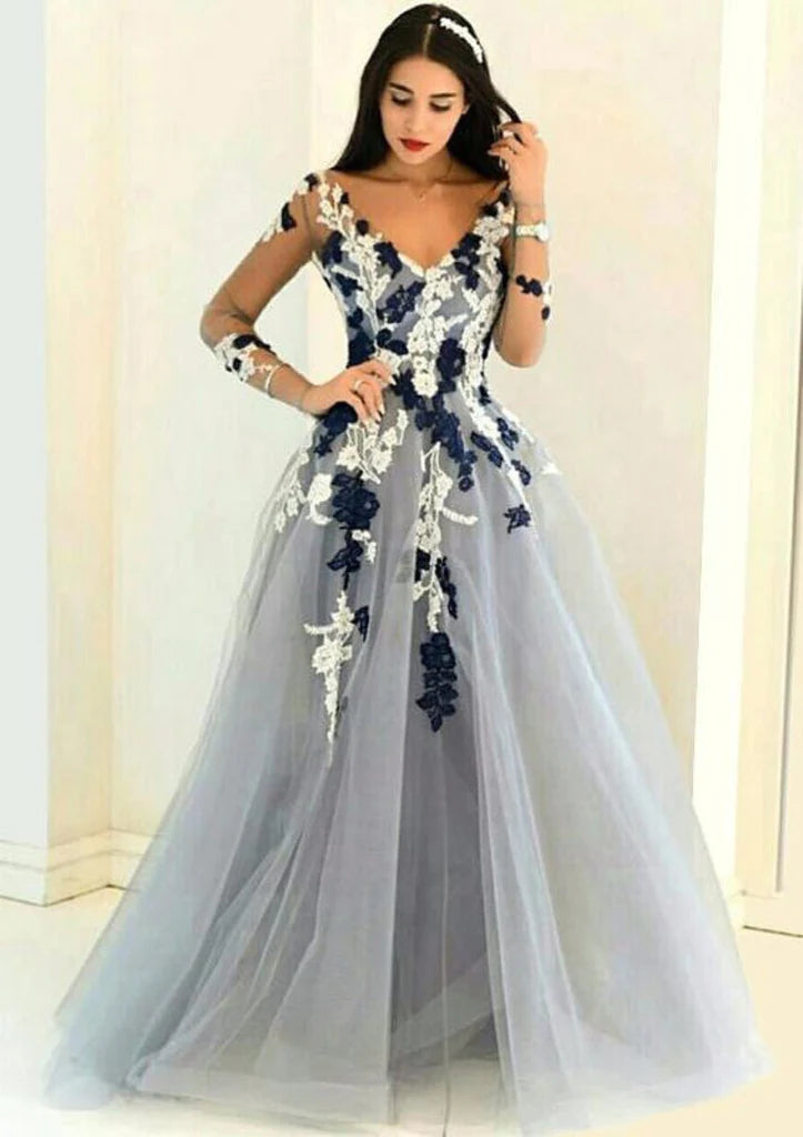 Wholesa Gray Tulle Floor Length Princess Sheer Long Sleeve V-Neck Prom Dress, Lace