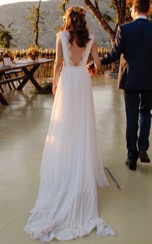 Wholesa A-Line Neckline Chiffon Lace Wedding Dress With Open Back And Pleats