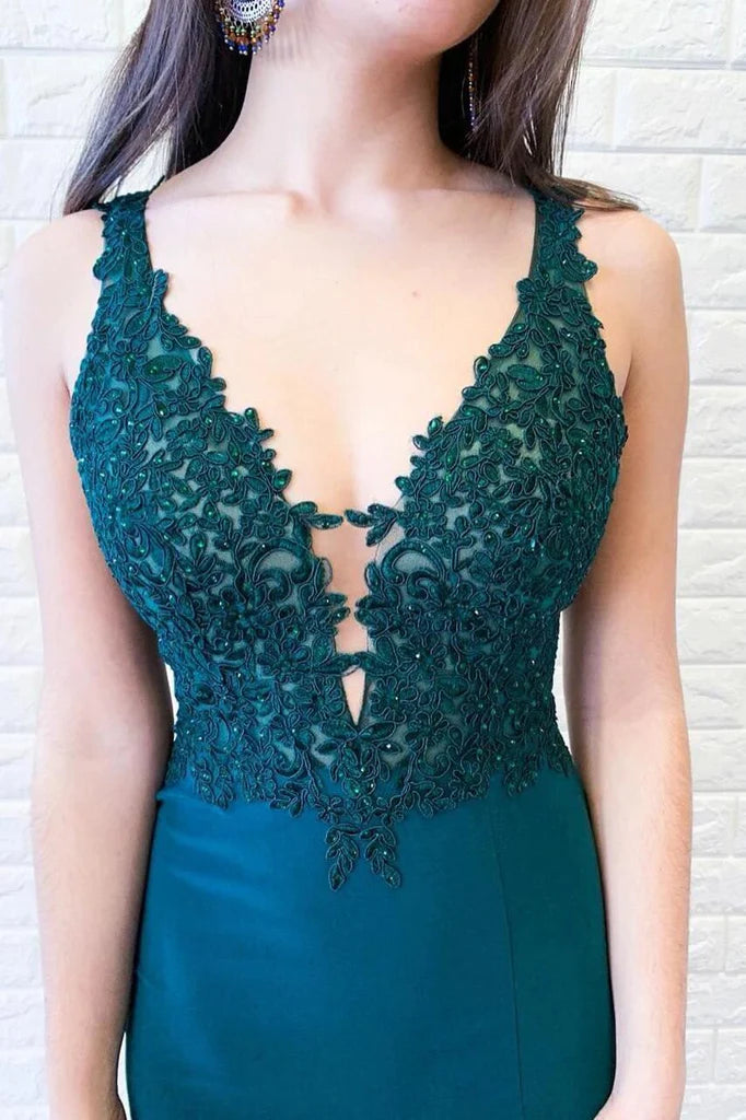 Wholesa Mermaid Deep V-neck Appliques Green Satin Prom Dresses Formal Dress