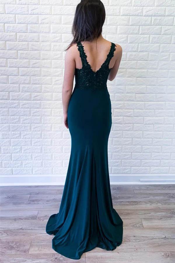 Wholesa Mermaid Deep V-neck Appliques Green Satin Prom Dresses Formal Dress