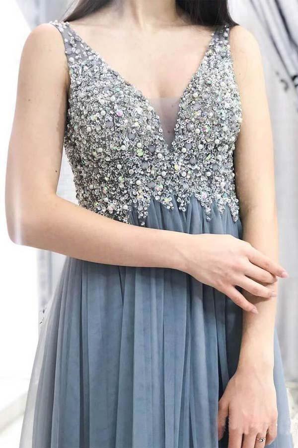 Wholesa A-line V Neck Tulle Grey Beaded Long Prom Dresses Long Evening Dress