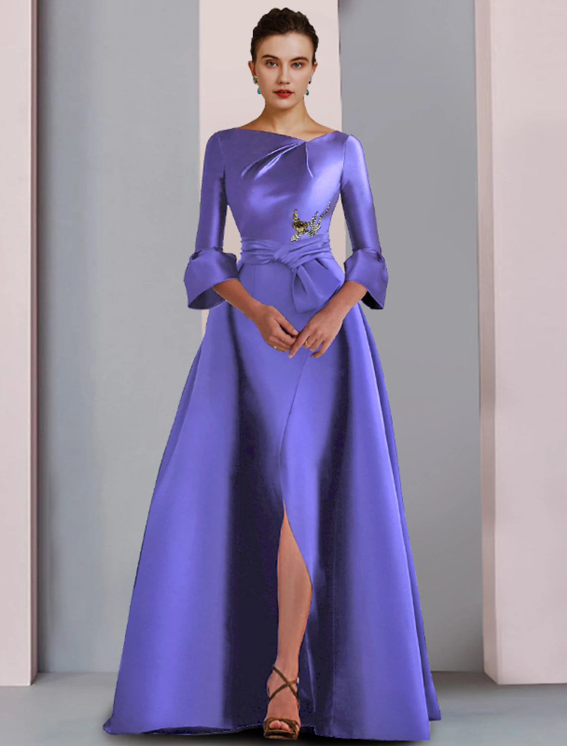 wholesale   A-Line Mother of the Bride Dress Formal Party Elegant Scoop Neck Floor Length Satin 3/4 Length Sleeve with Bow(s) Pleats Embroidery