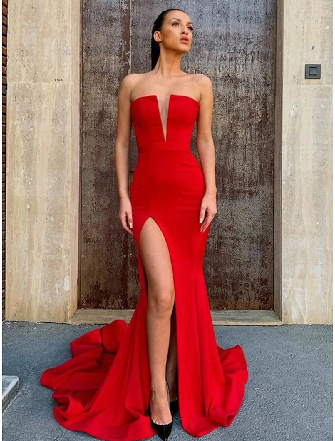 Wholesa  Mermaid / Trumpet Prom Dresses Open Back Dress Wedding Guest Prom Court Train Sleeveless Strapless Belt / Sash Satin with Slit