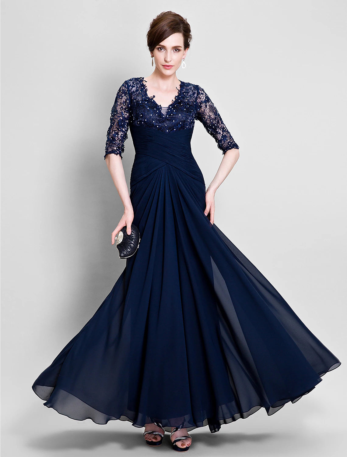 wholesale  A-Line Mother of the Bride Dress See Through V Neck Floor Length Chiffon Lace Half Sleeve No with Lace Beading