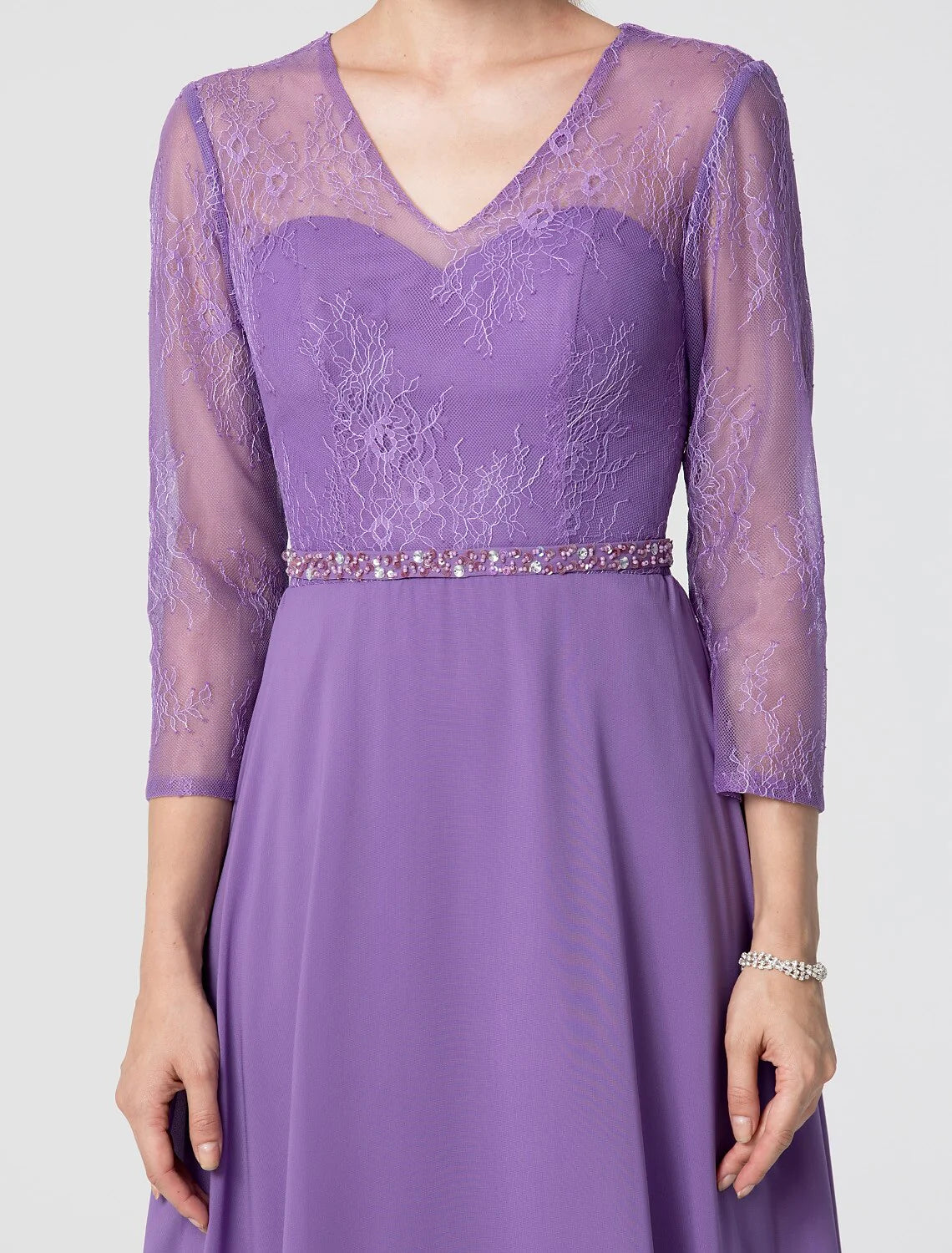 Wholesa A-Line Elegant Holiday Cocktail Party Formal Evening Dress V Neck 3/4 Length Sleeve Floor Length Chiffon Lace with Sash / Ribbon Beading / Illusion Sleeve