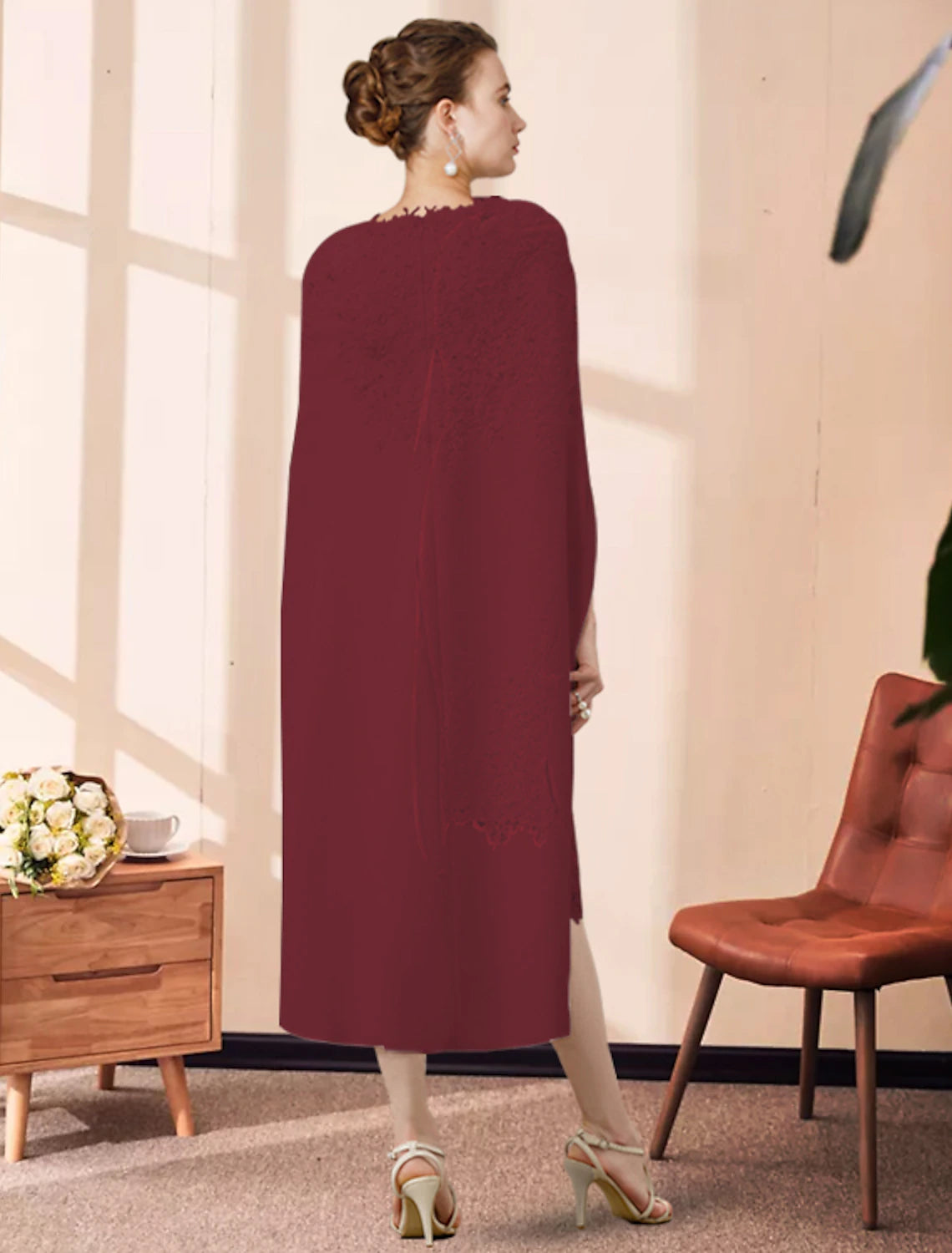 wholesale  Two Piece Sheath / Column Mother of the Bride Dress Wedding Guest Church Elegant Jewel Neck Knee Length Chiffon Lace Sleeveless with Beading Appliques Fall