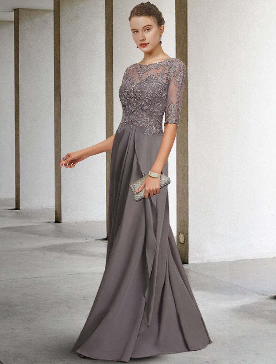 wholesale  A-Line Mother of the Bride Dress Plus Size Elegant Jewel Neck Floor Length Chiffon Lace Half Sleeve with Pleats Beading Appliques