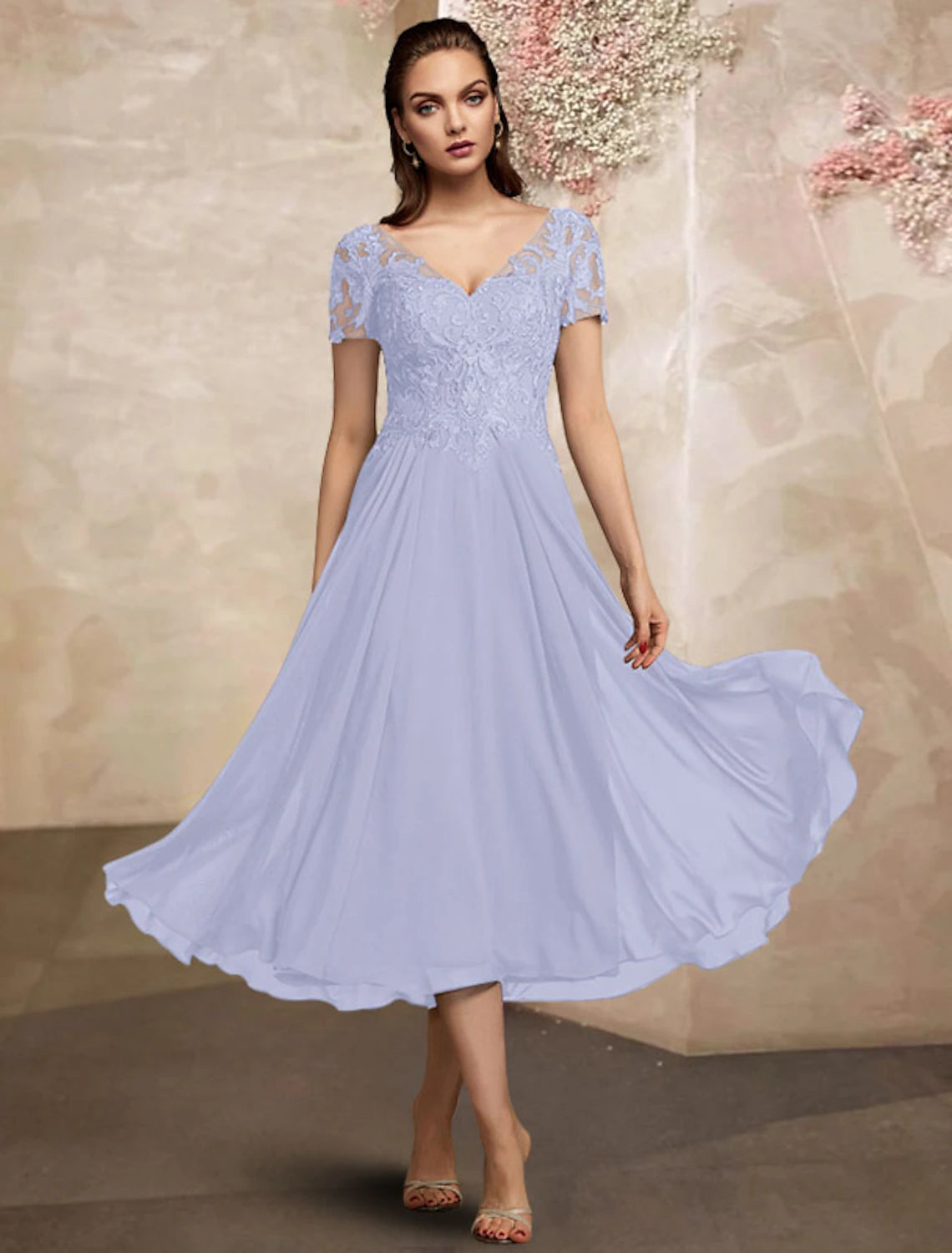 wholesale   A-Line Mother of the Bride Dress Plus Size Elegant V Neck Tea Length Chiffon Lace Short Sleeve with Pleats Appliques